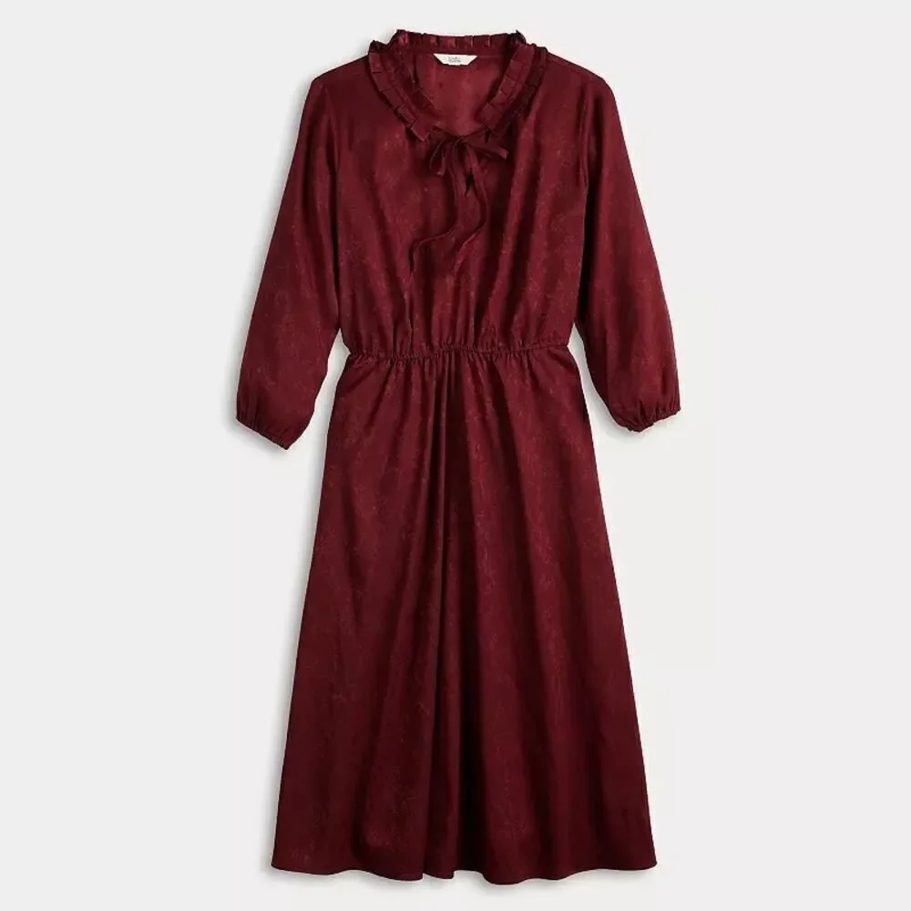 Croft & Barrow Ruffle-Neck Dress Victorian Midi Dark Red Floral Women's Size S